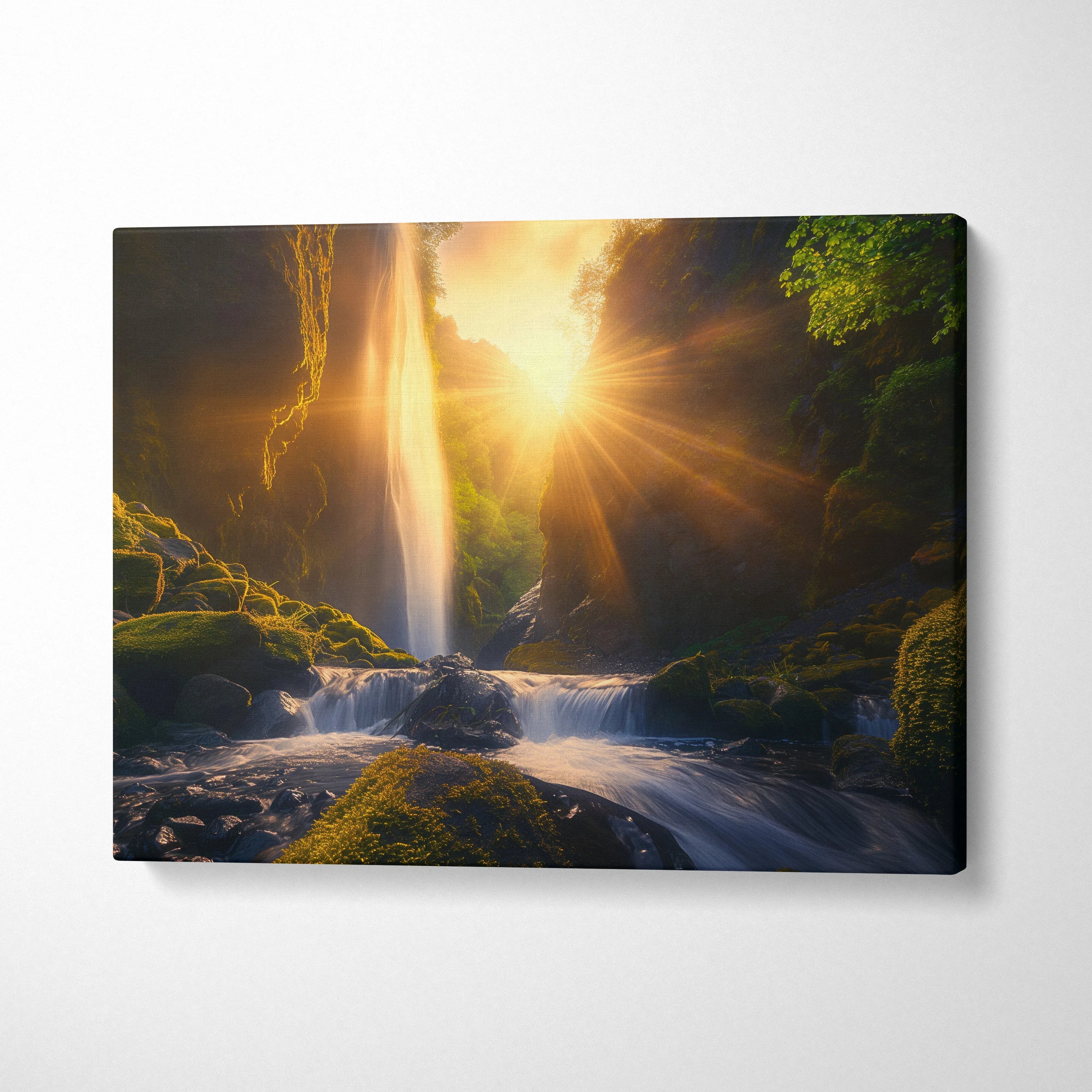 Waterfall nature canvas wall art with sunset forest landscape and golden light rays decor.