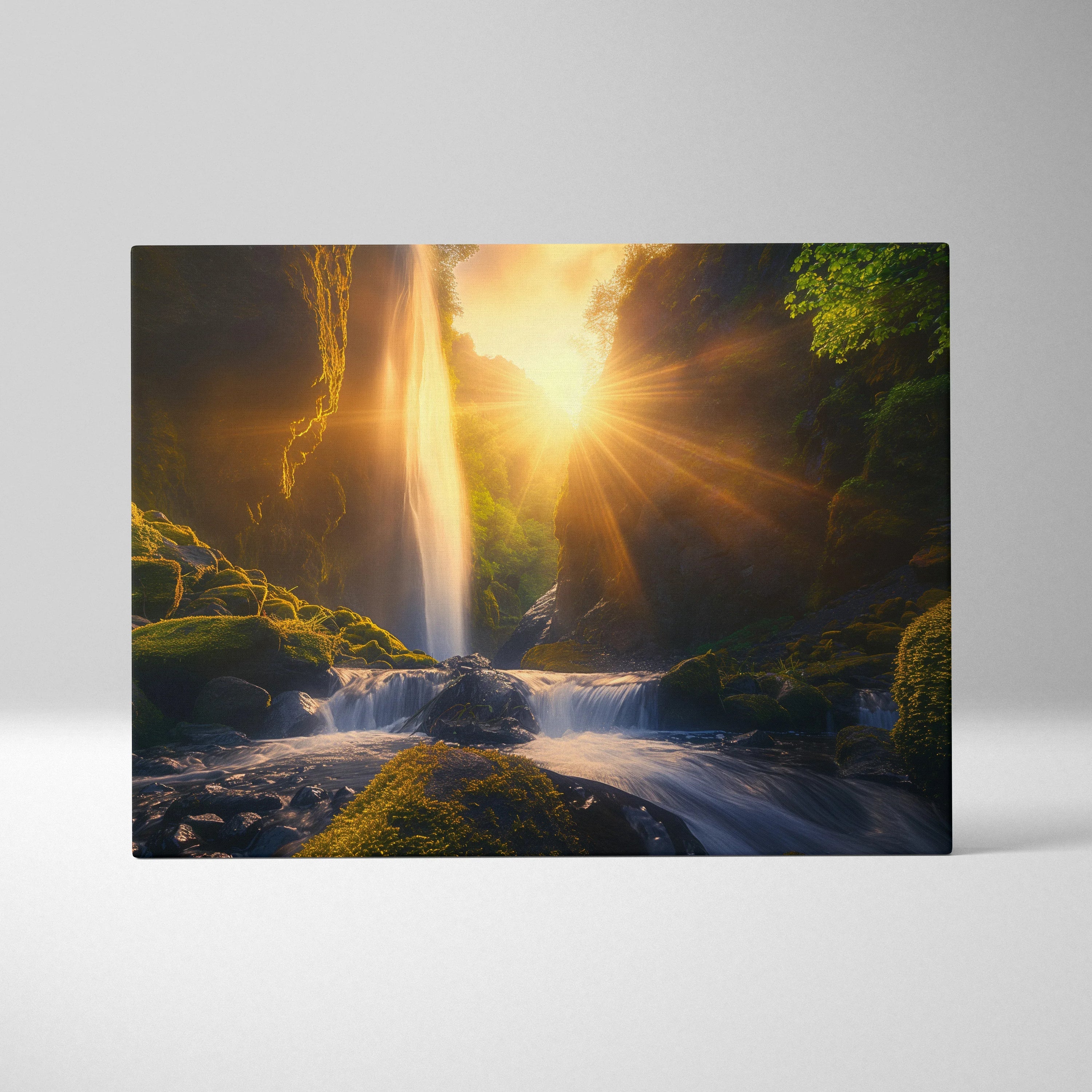 Canvas wall art featuring a glowing forest waterfall at sunset with vibrant golden light and lush green moss.
