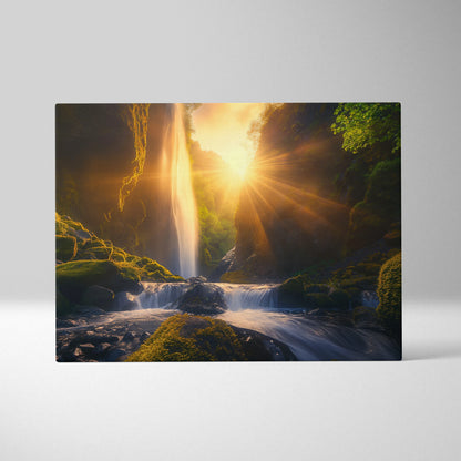 Canvas wall art featuring a glowing forest waterfall at sunset with vibrant golden light and lush green moss.