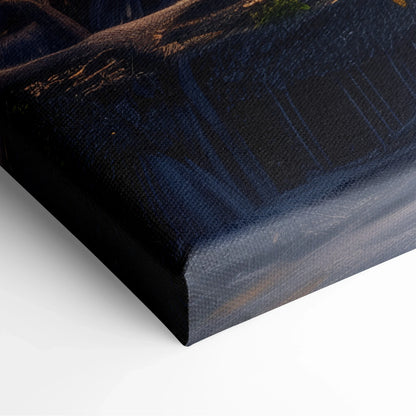 Canvas wall art featuring a dark forest scene with a waterfall highlighted by warm golden tones.