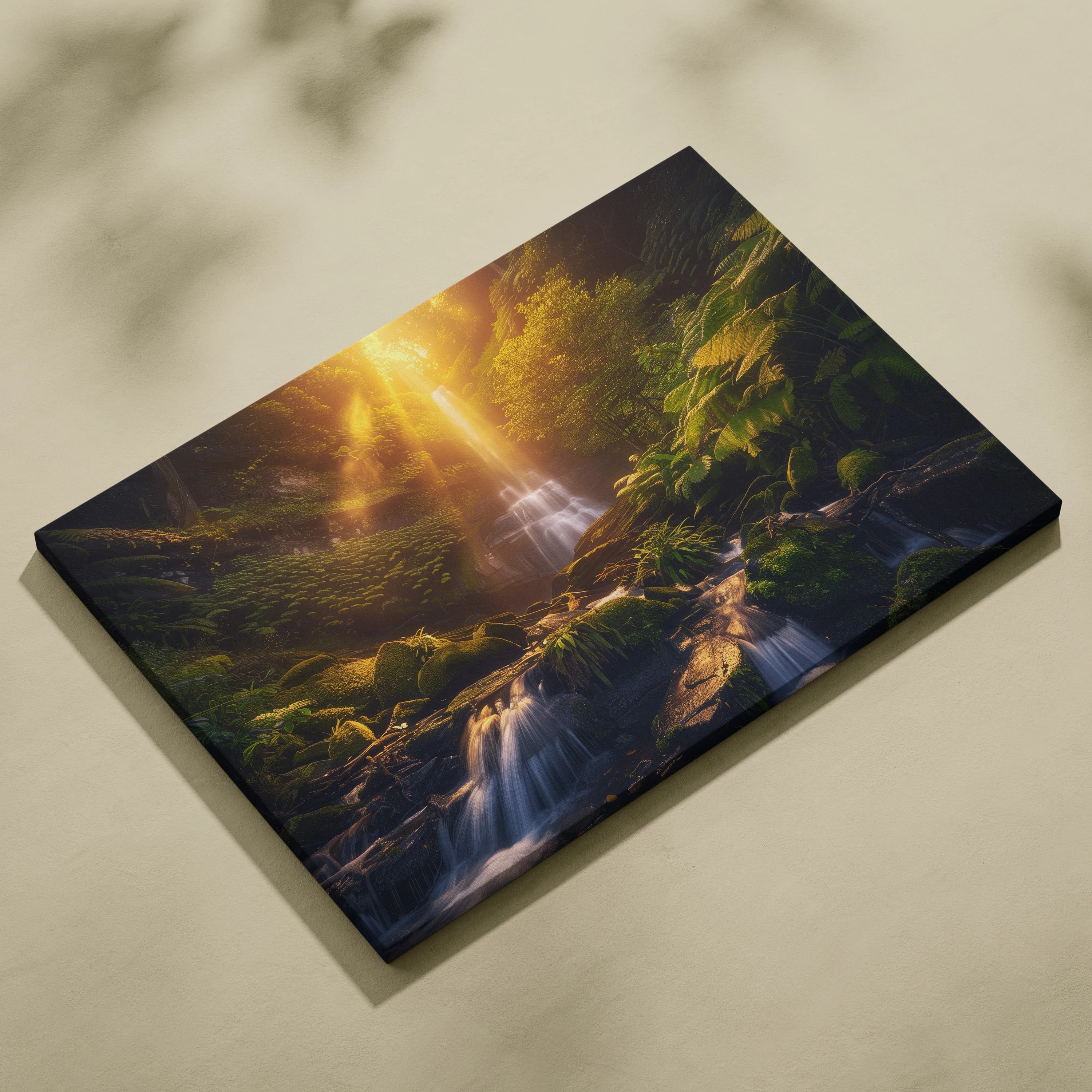 Canvas wall art depicting a forest waterfall with warm golden sunlight filtering through trees.