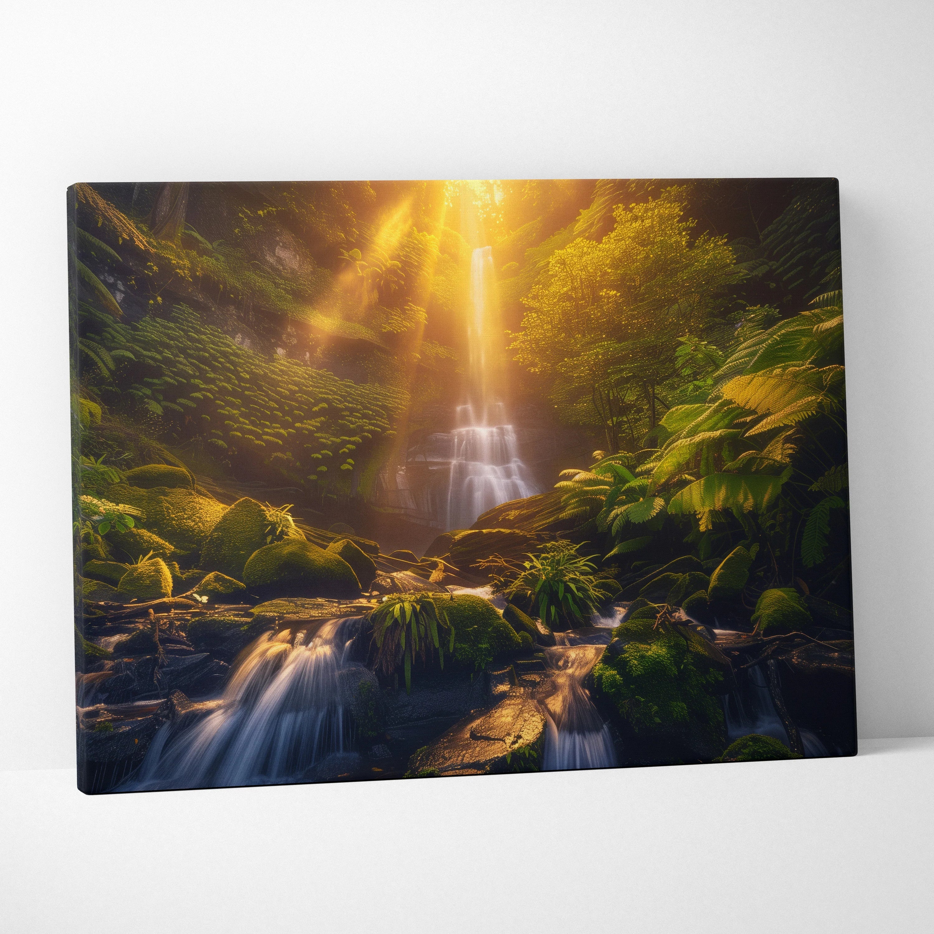 Canvas wall art featuring a sunlit forest waterfall with warm golden tones and lush green foliage.