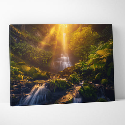 Canvas wall art featuring a sunlit forest waterfall with warm golden tones and lush green foliage.