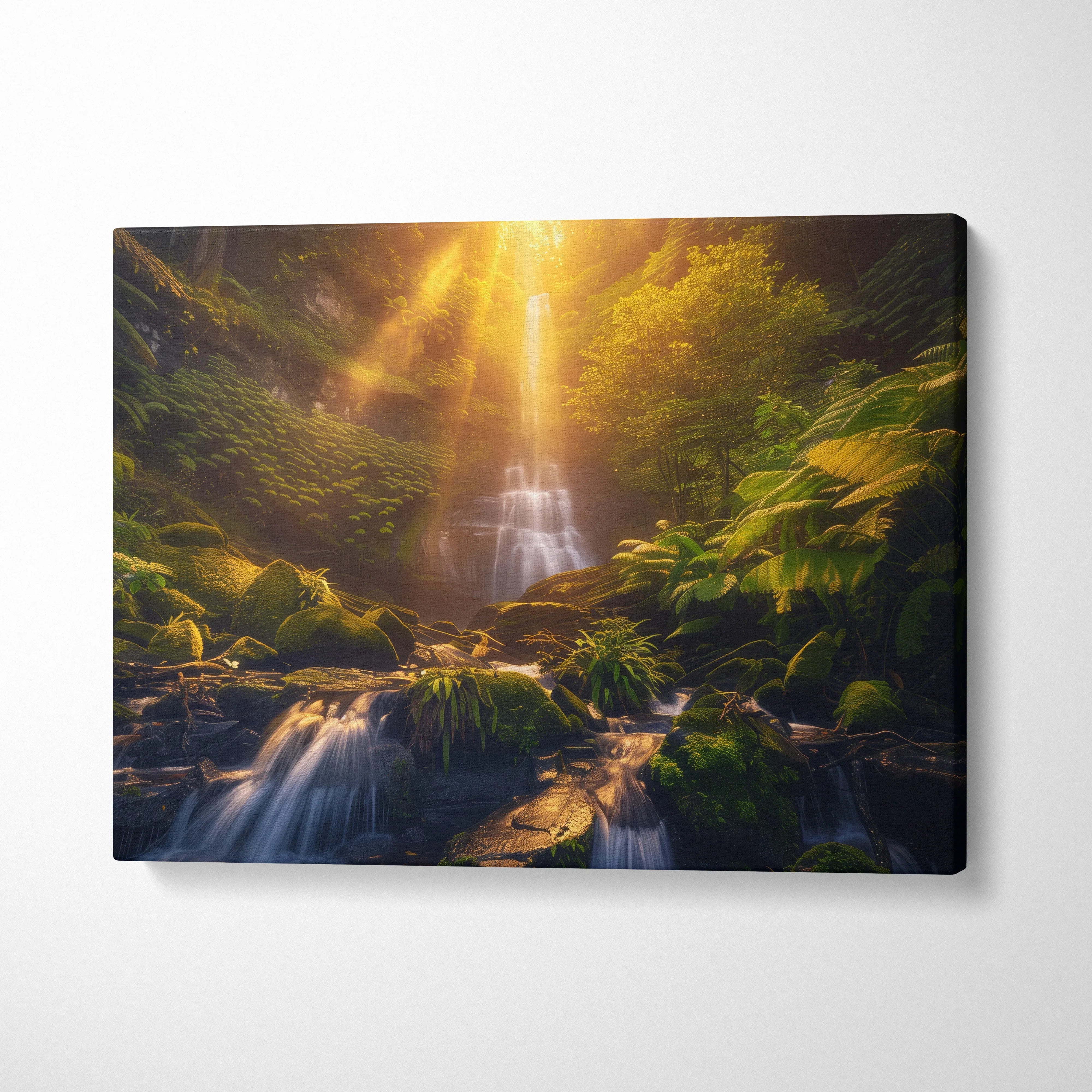 Waterfall forest canvas wall art with warm golden light and lush green foliage decor.