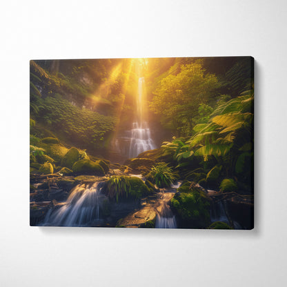 Waterfall forest canvas wall art with warm golden light and lush green foliage decor.