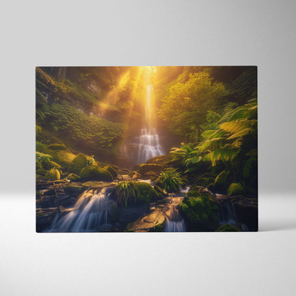 Canvas wall art of a forest waterfall with warm golden sunlight filtering through lush green foliage.