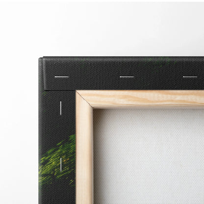 Close-up of corner of premium canvas wall art with black folded edge and natural wood stretcher frame showing texture and.