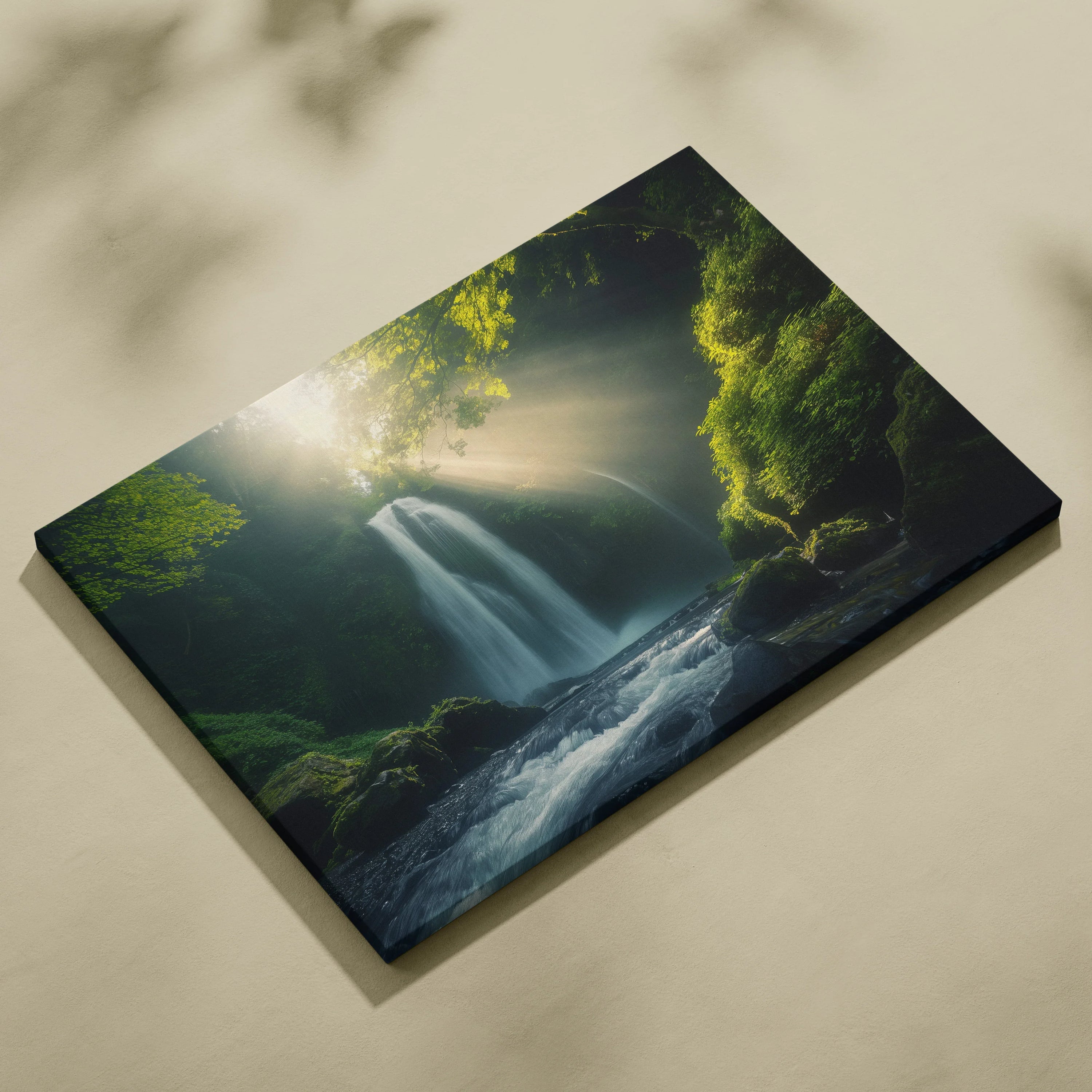 Canvas wall art featuring a serene forest waterfall with sunlight filtering through lush green trees.