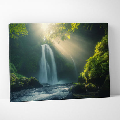 Canvas wall art featuring a vibrant forest scene with sunlight streaming through trees onto a cascading waterfall and.