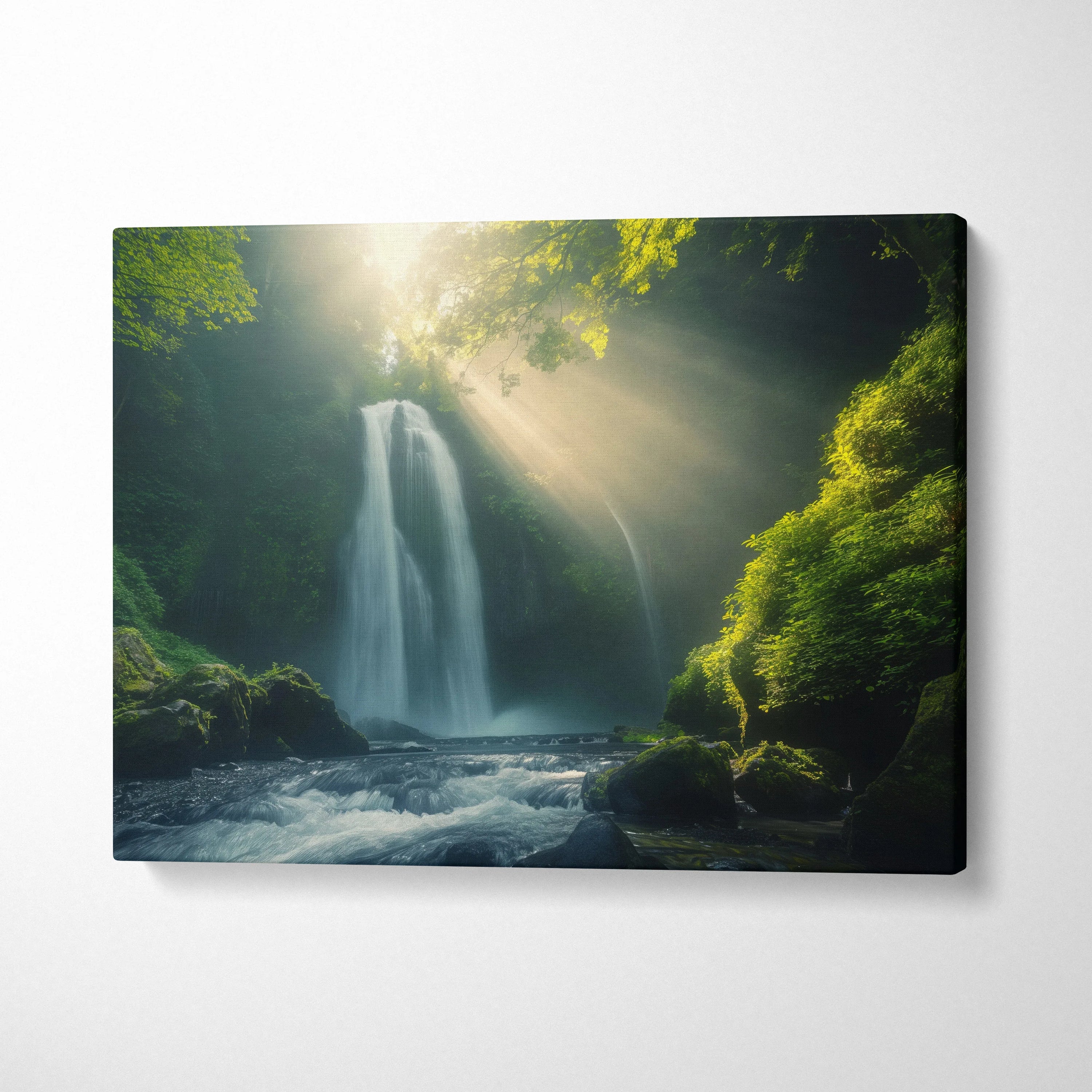 Waterfall forest nature scene on premium canvas wall art with sun rays, lush green foliage decor.