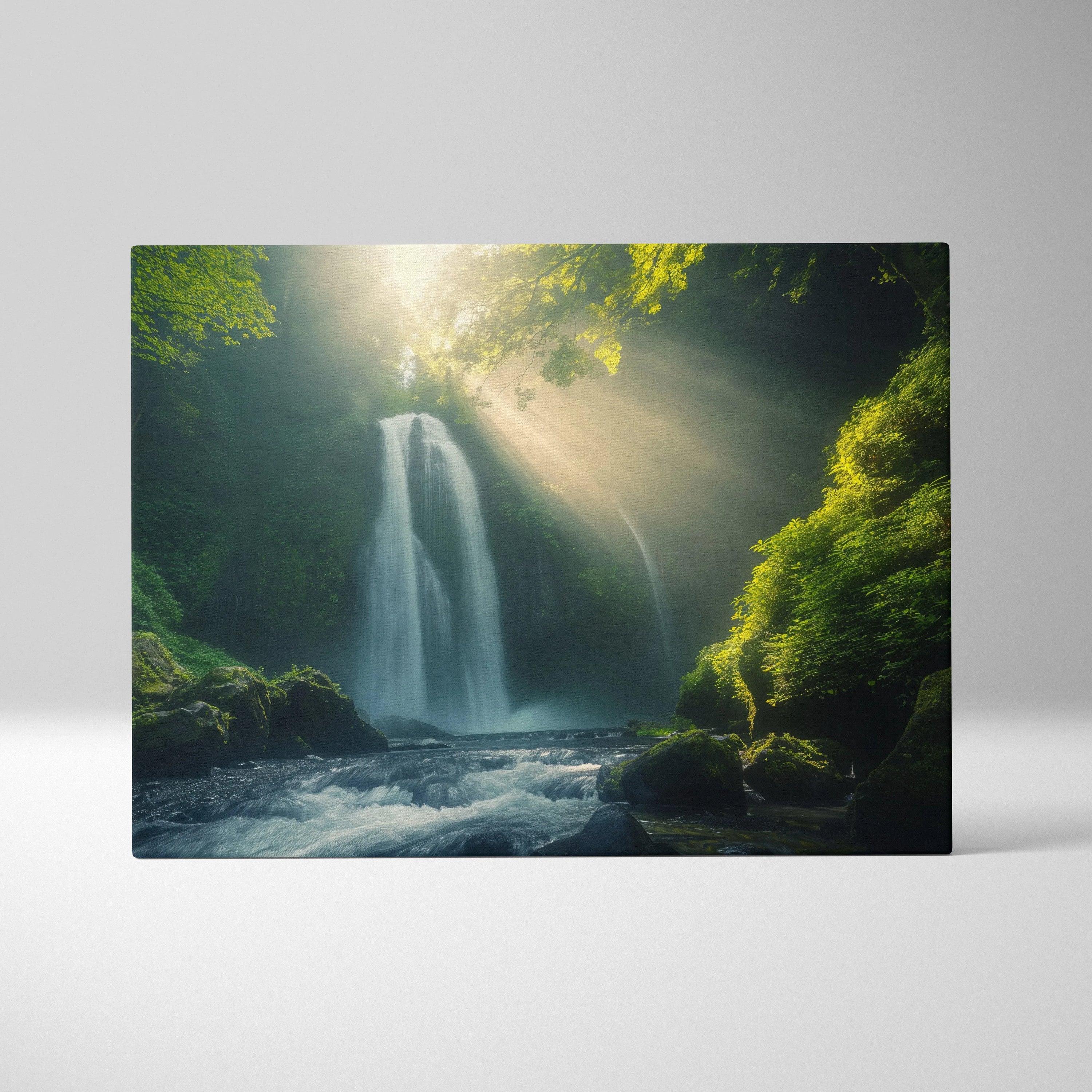 Canvas wall art depicting a misty forest waterfall with sunlight filtering through green foliage.