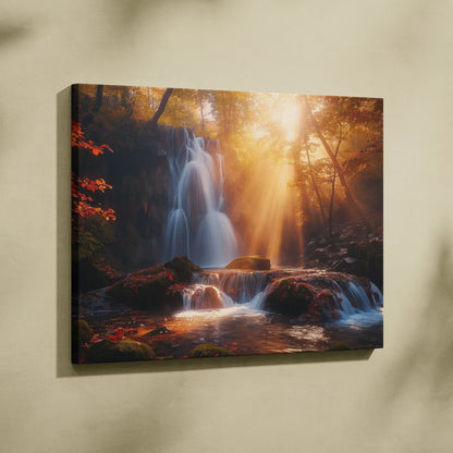 Canvas wall art depicting an autumn forest waterfall with golden sunlight filtering through trees and vibrant orange leaves.