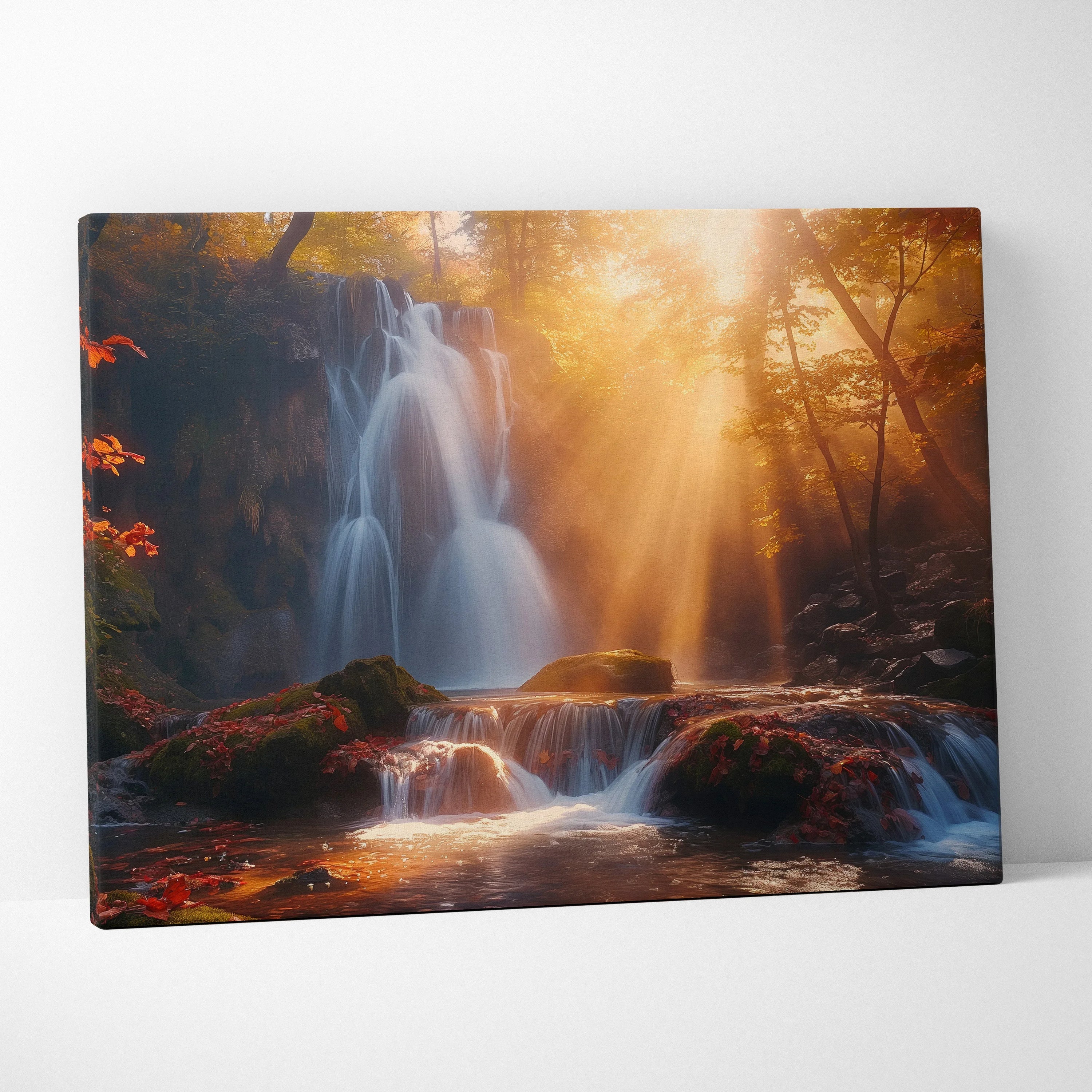 Canvas wall art featuring a sunlit autumn forest waterfall with golden rays and vibrant fall foliage.
