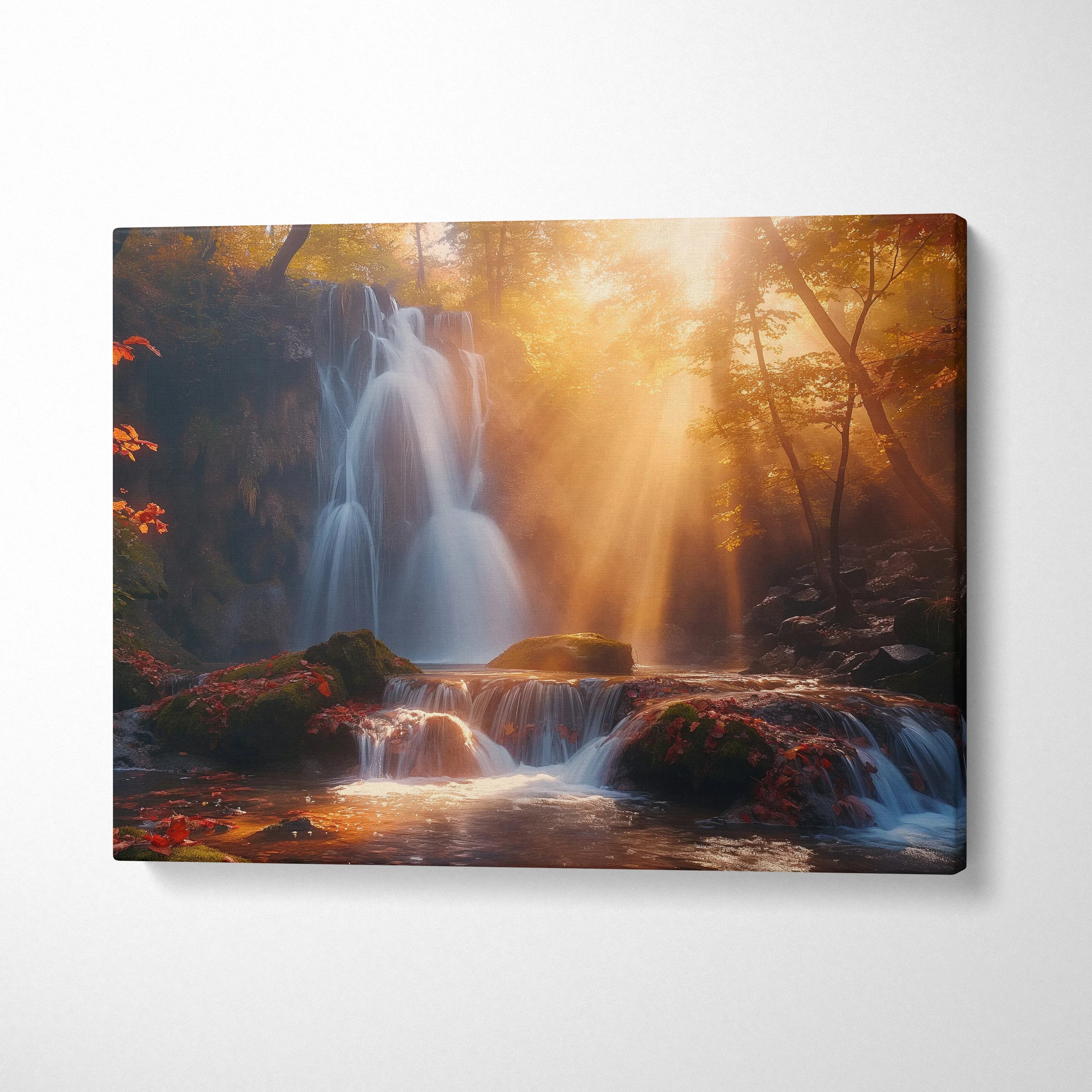 Autumn waterfall forest scene canvas wall art with golden sunlight and warm fall colors decor.
