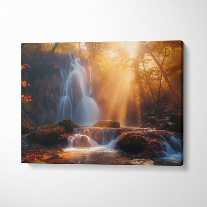 Autumn waterfall forest scene canvas wall art with golden sunlight and warm fall colors decor.