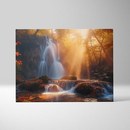 Canvas wall art featuring a glowing autumn forest with a cascading waterfall bathed in warm sunset light.