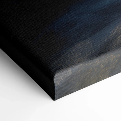 Close-up of black-edged premium canvas wall art with textured fabric and dark nature tones.