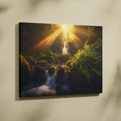 Canvas wall art featuring a glowing waterfall cascading through lush green forest foliage with sunlight streaming down.