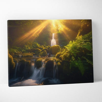 Canvas wall art featuring a vibrant forest scene with a cascading waterfall and sunlight filtering through lush green.