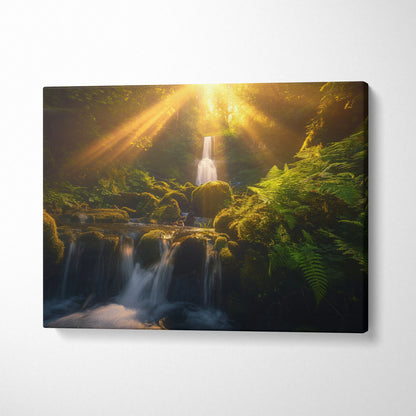 Waterfall nature canvas wall art with sunlit forest and flowing water, premium decor piece.