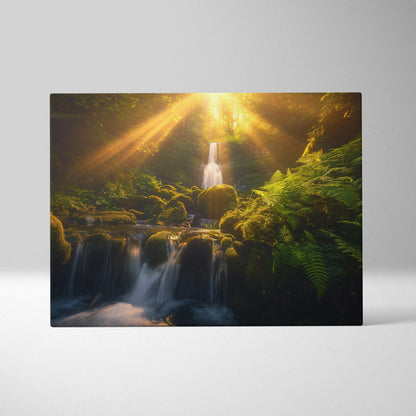 Canvas wall art depicting a serene forest waterfall with golden sunlight streaming through lush green foliage.