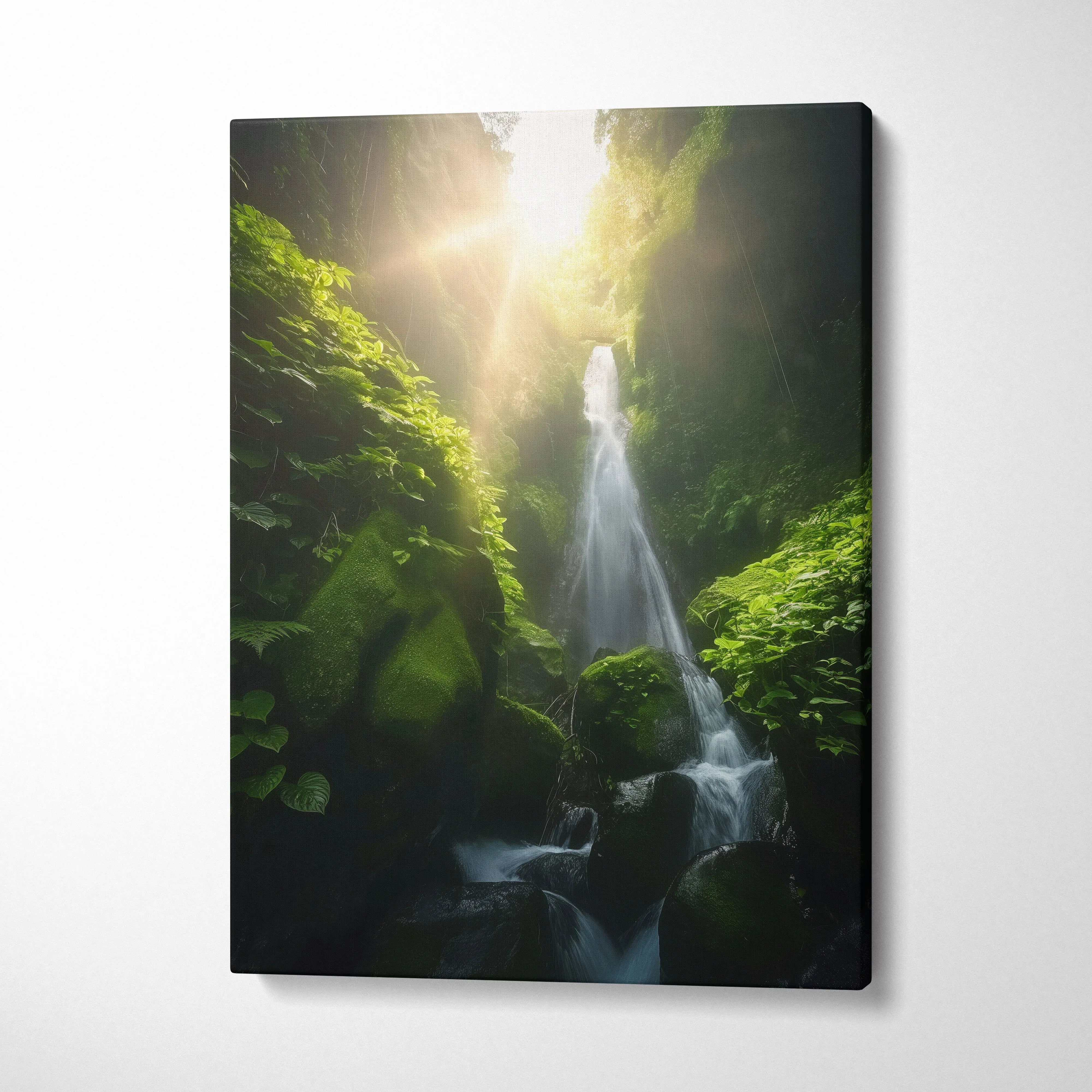 Waterfall cascading through lush green forest on vertical canvas wall art decor.