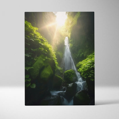 Vertical canvas wall art featuring a serene waterfall in a lush green forest with soft sunlight, nature decor.