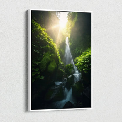 Vertical canvas wall art of a lush green forest waterfall with sunlight streaming through dense foliage.