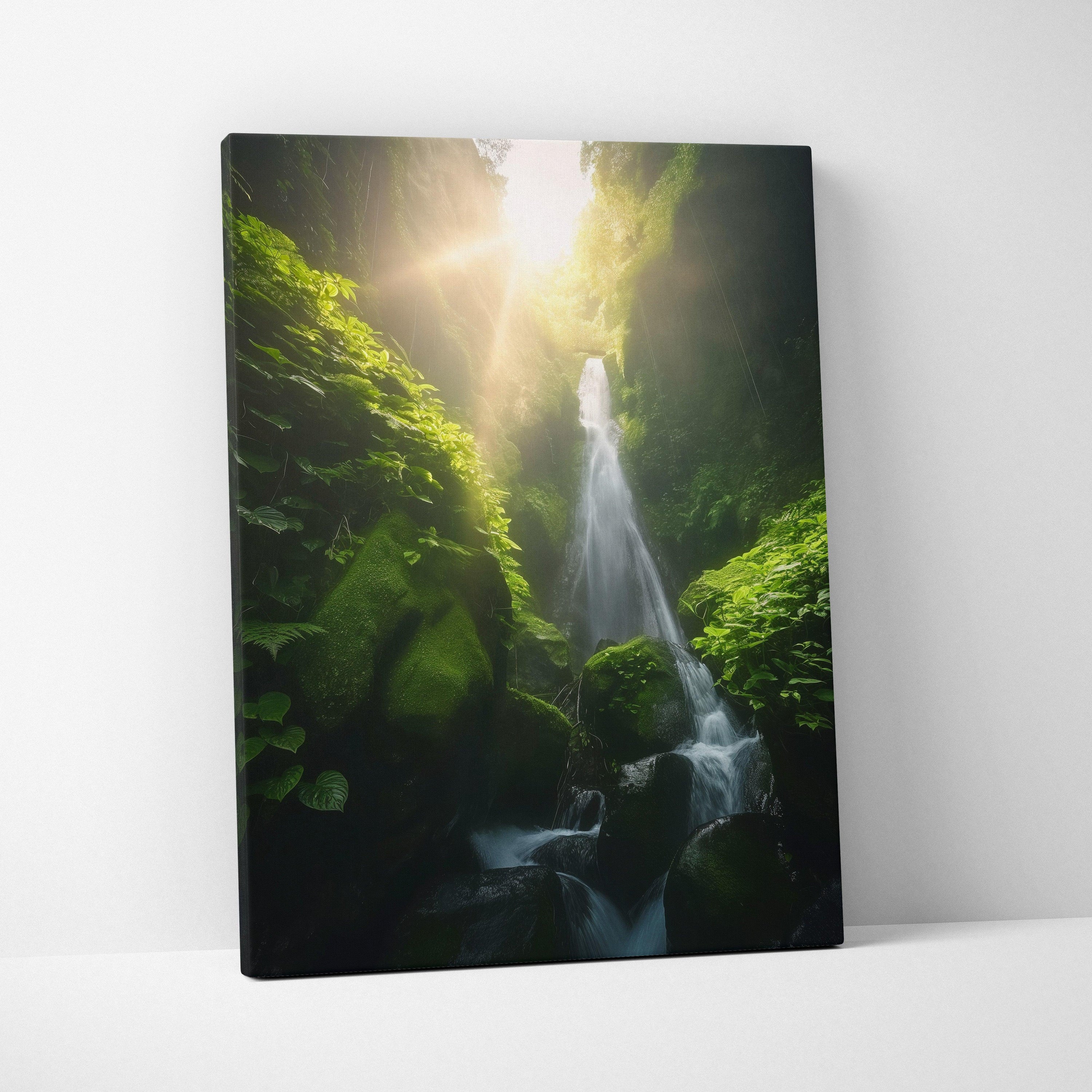 High-resolution canvas wall art depicting a waterfall flowing through lush green forest with sunlight filtering above.