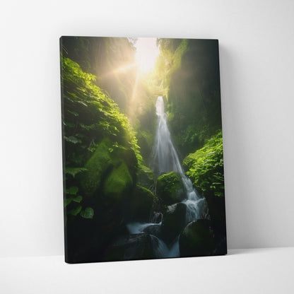 High-resolution canvas wall art depicting a waterfall flowing through lush green forest with sunlight filtering above.