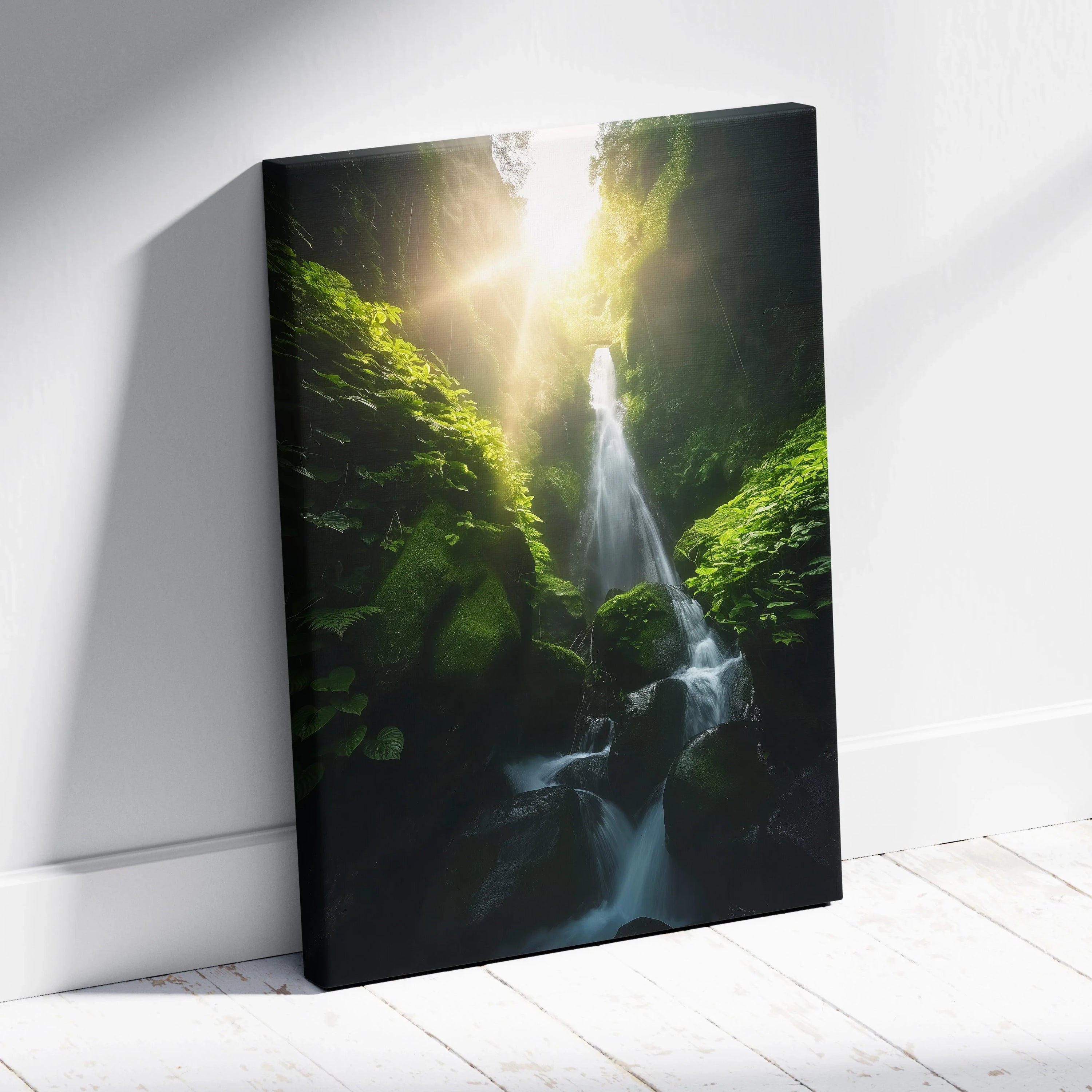 Vertical canvas wall art featuring a serene waterfall flowing through lush green forest decor.