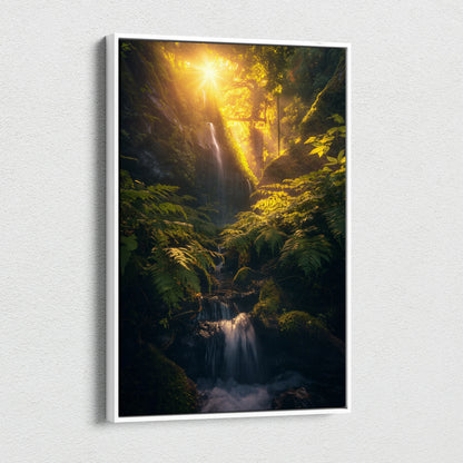 Vertical canvas wall art depicting a glowing waterfall cascading through dense green forest foliage at sunset.