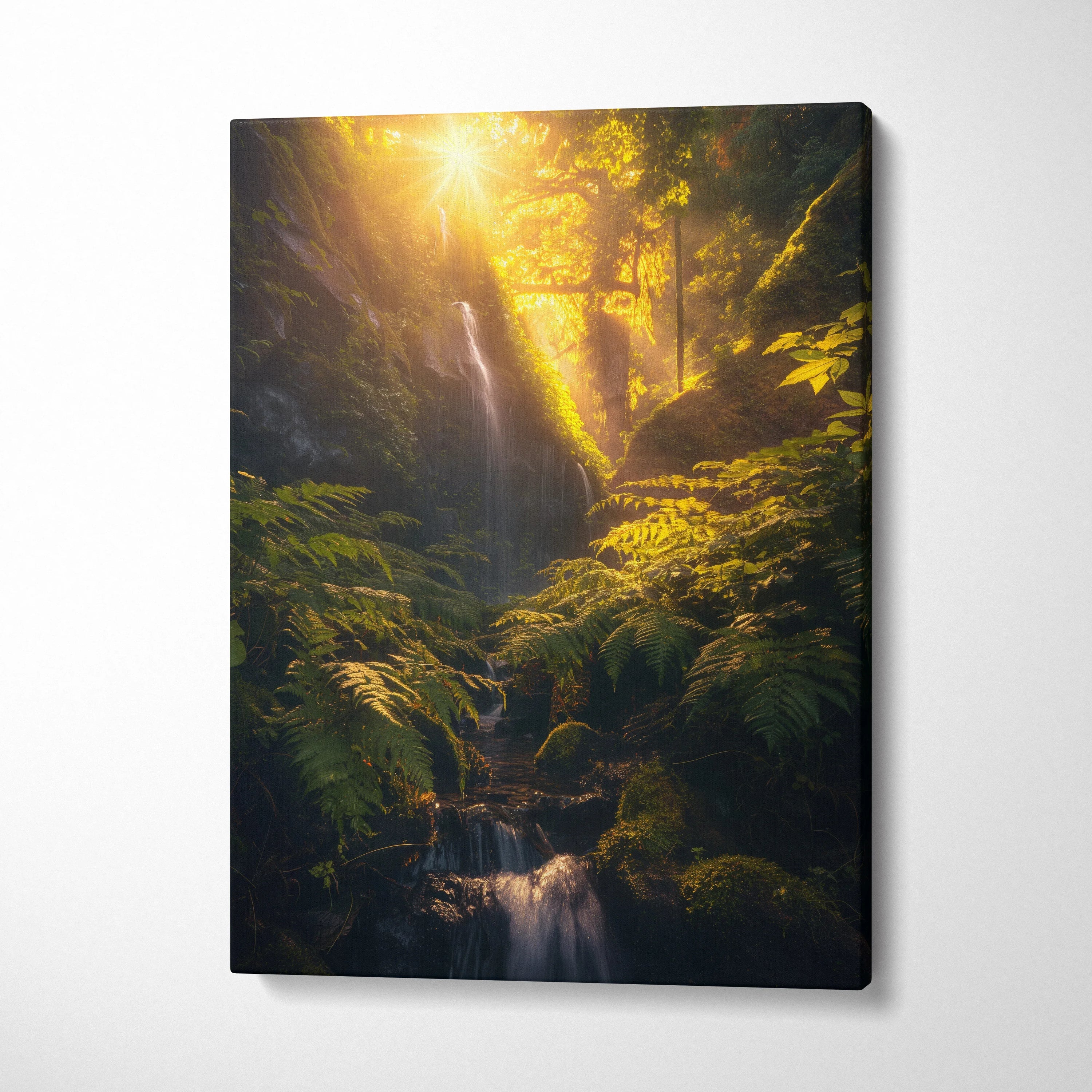 Vertical canvas wall art of sunlit waterfall cascading through lush green forest, nature decor.