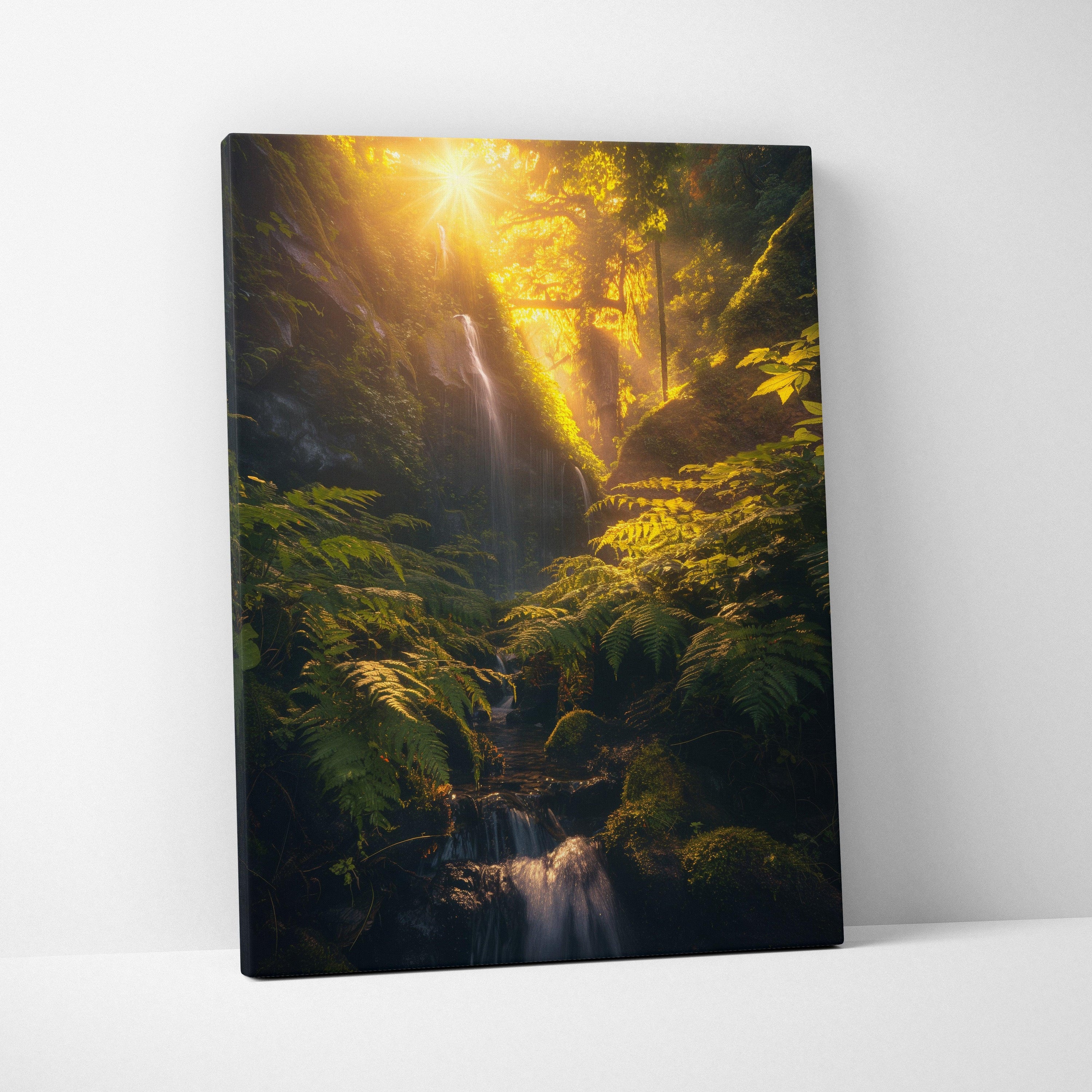 Sunlit waterfall cascading through lush green forest canvas wall art with warm golden light decor.