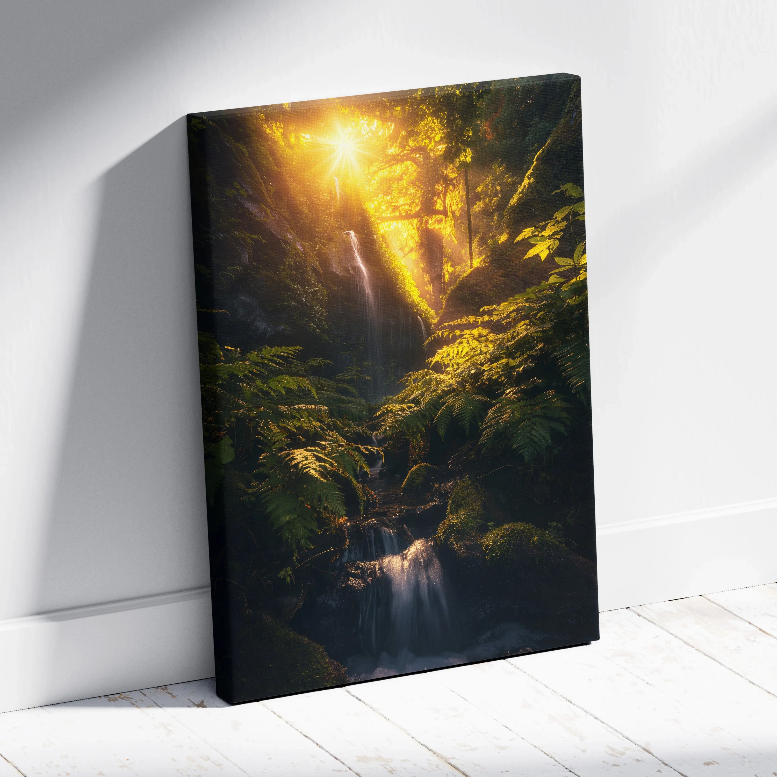 Sunlit waterfall in lush green forest canvas wall art with warm golden light, nature decor.