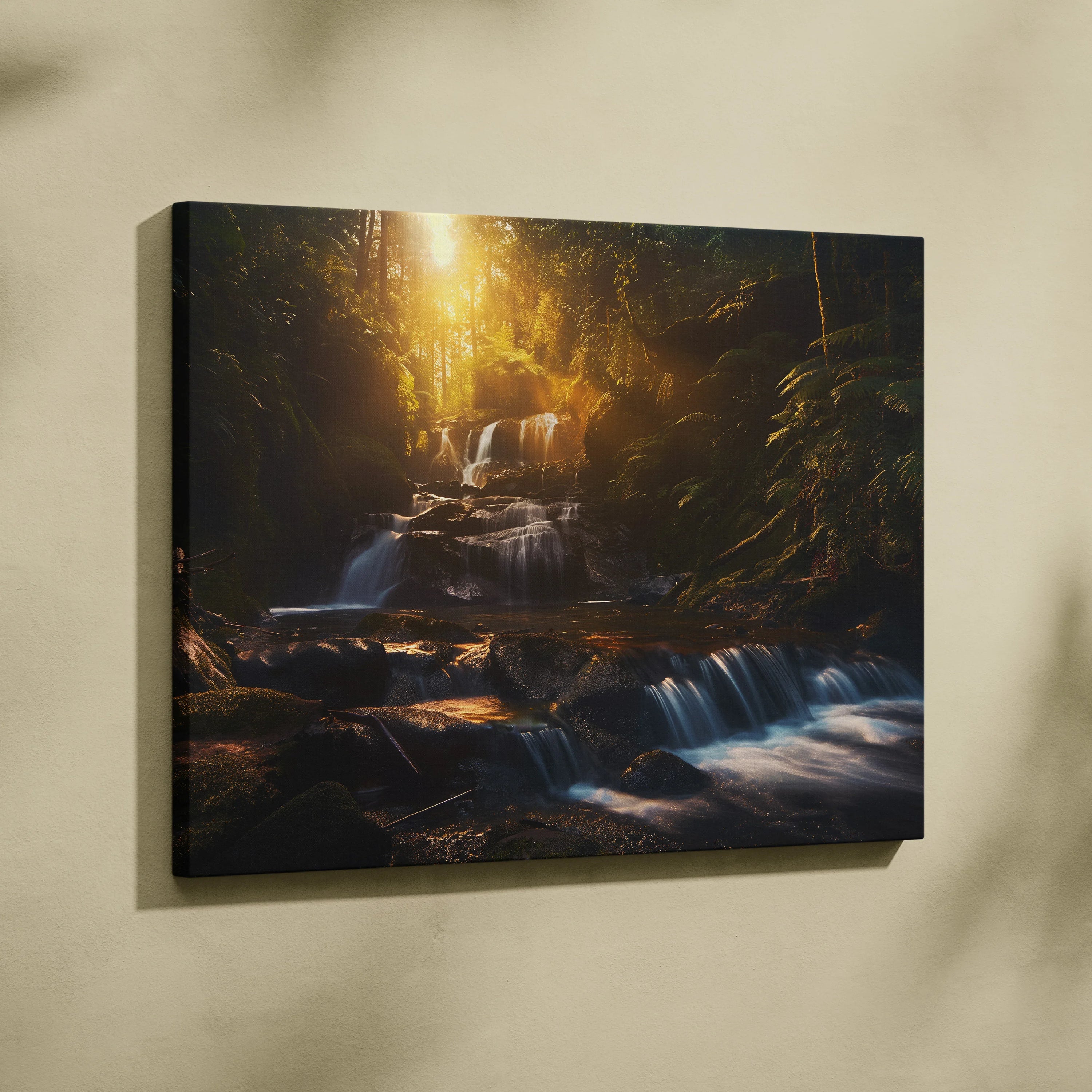 Canvas wall art featuring a sunlit forest waterfall with mossy rocks and flowing water in warm, natural tones.