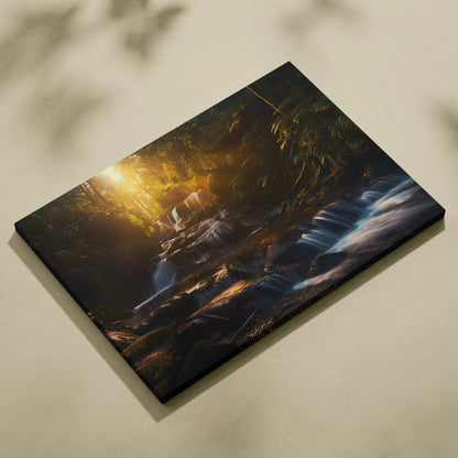 Canvas wall art featuring a sunlit forest waterfall with moss-covered rocks and warm golden light.