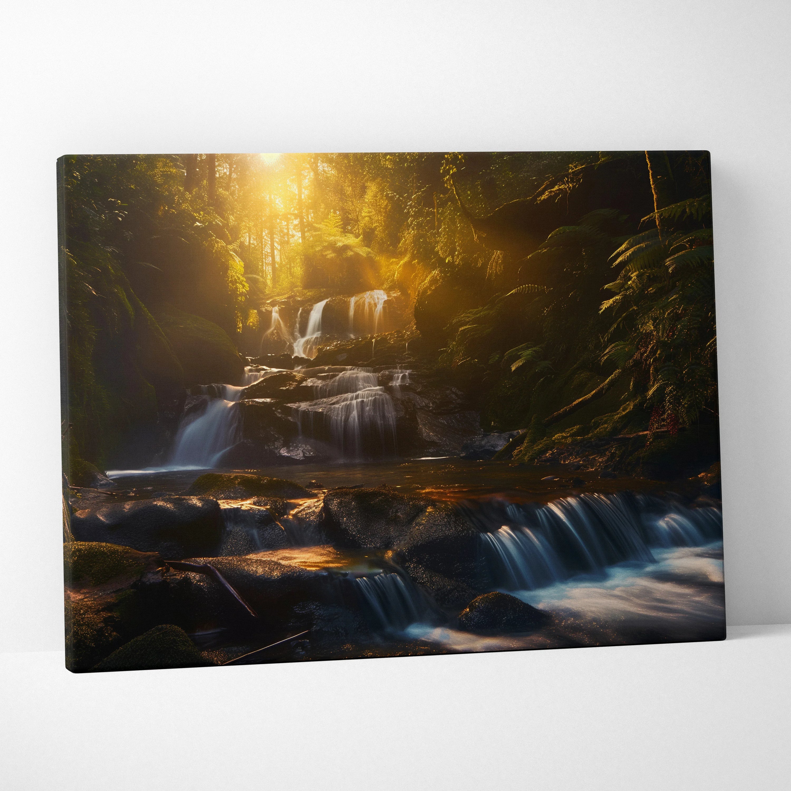 Canvas wall art of a sunlit mossy forest with a cascading waterfall in rich green and golden tones.