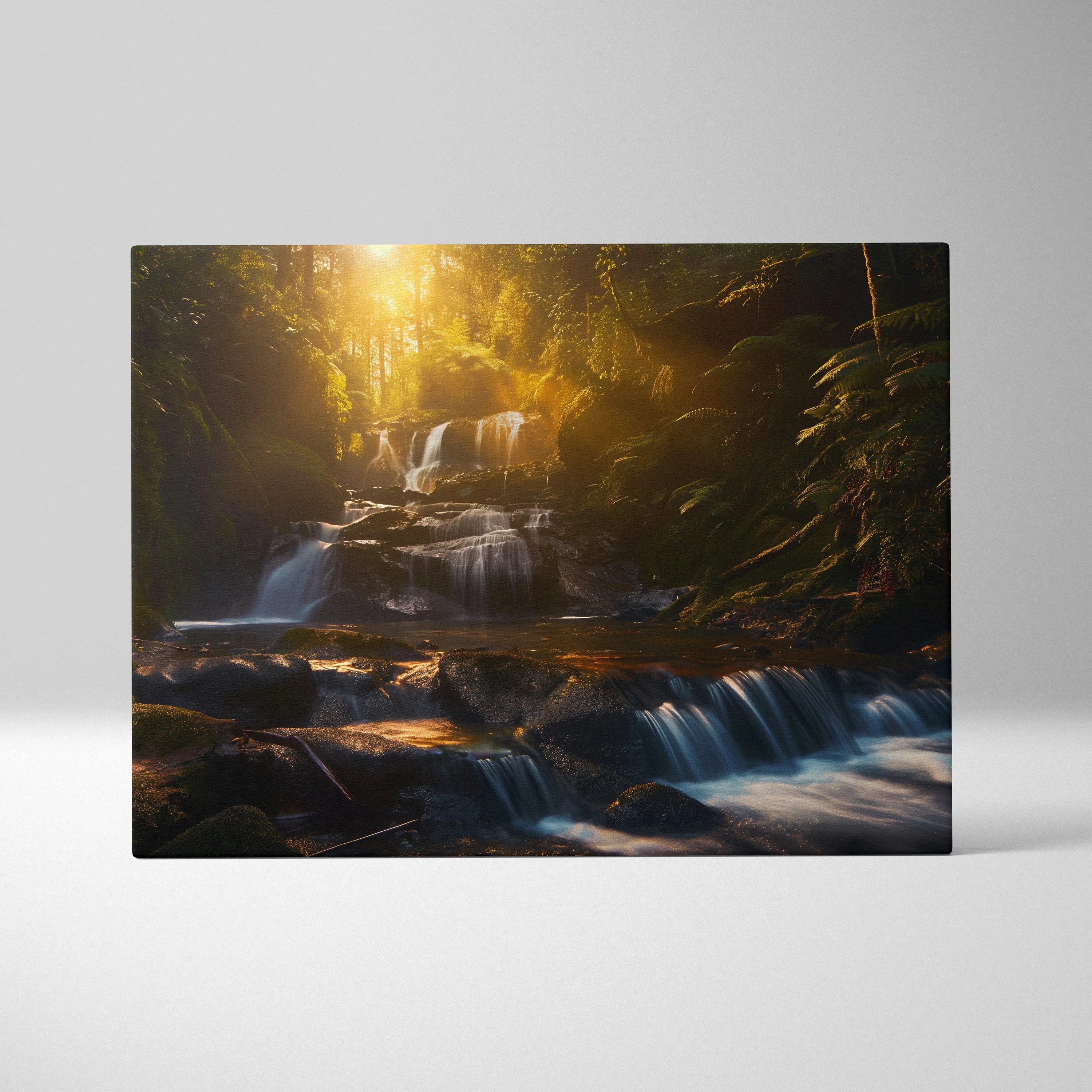 Canvas wall art of sunlit mossy forest with cascading waterfall and flowing water streams.