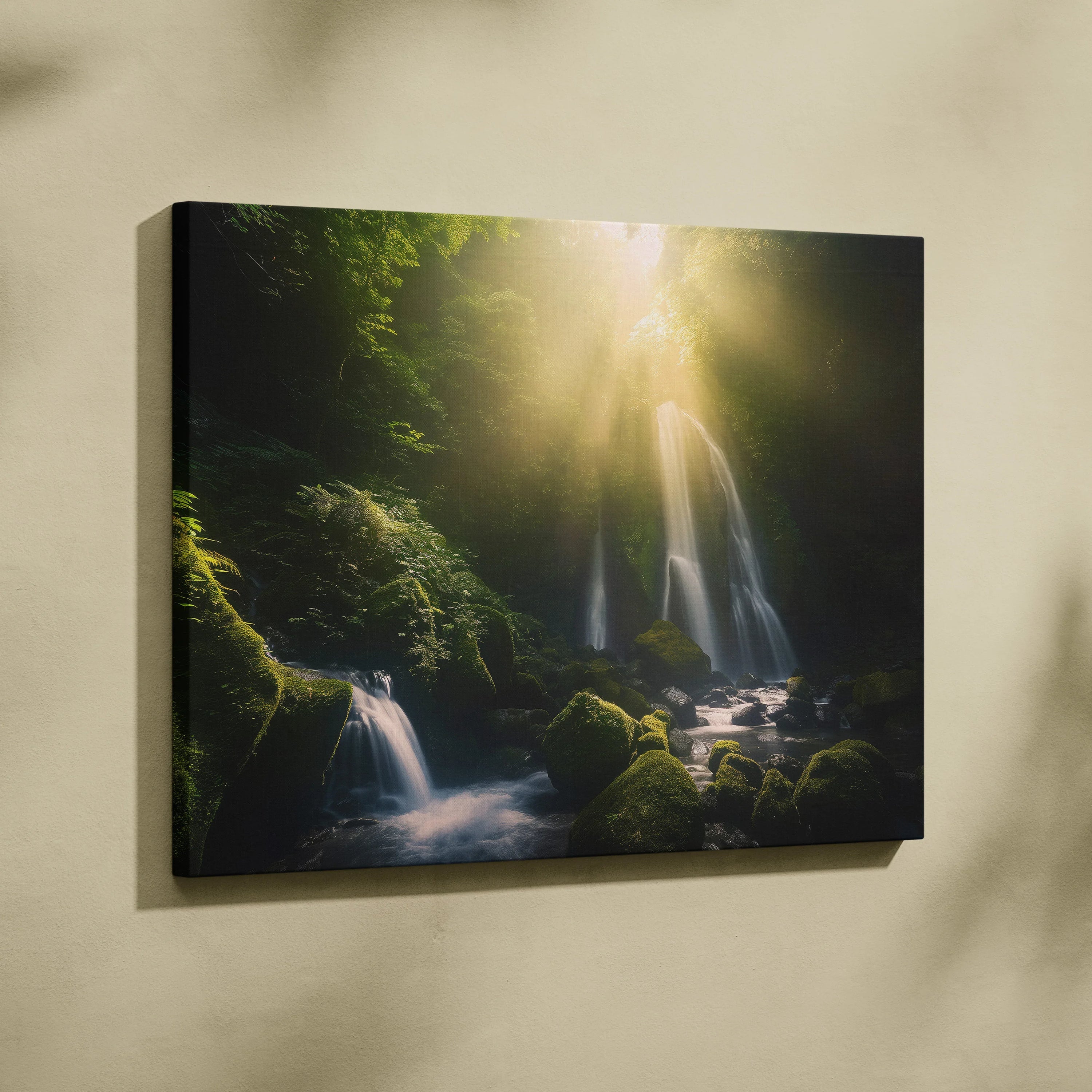 Canvas wall art featuring a serene forest waterfall with mossy rocks and soft sunlight decor.