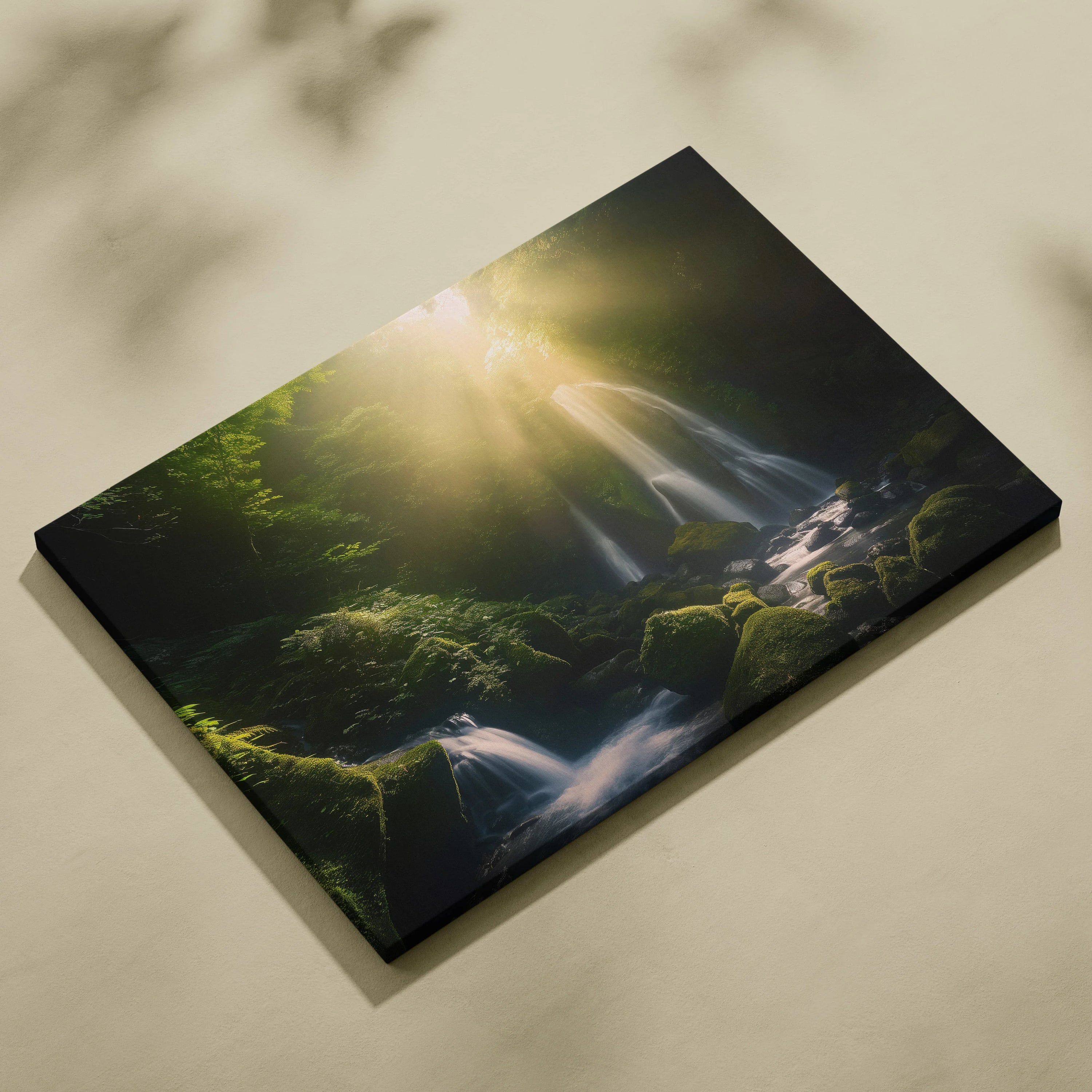 Canvas wall art featuring a serene forest waterfall with moss-covered rocks and sunlit greenery.