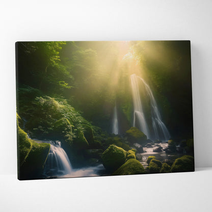 Canvas wall art of serene waterfall flowing over mossy forest rocks with sunlight beams for nature decor.