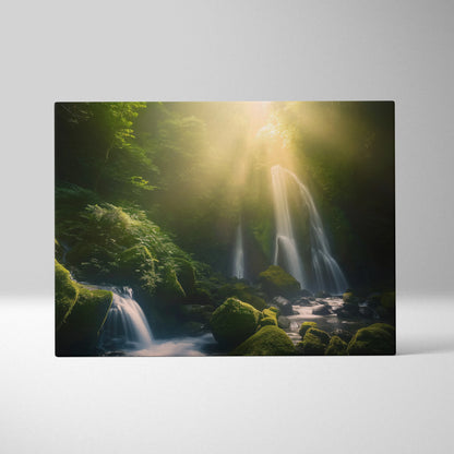 Waterfall forest scene canvas wall art with mossy rocks and sunlight beam decor.