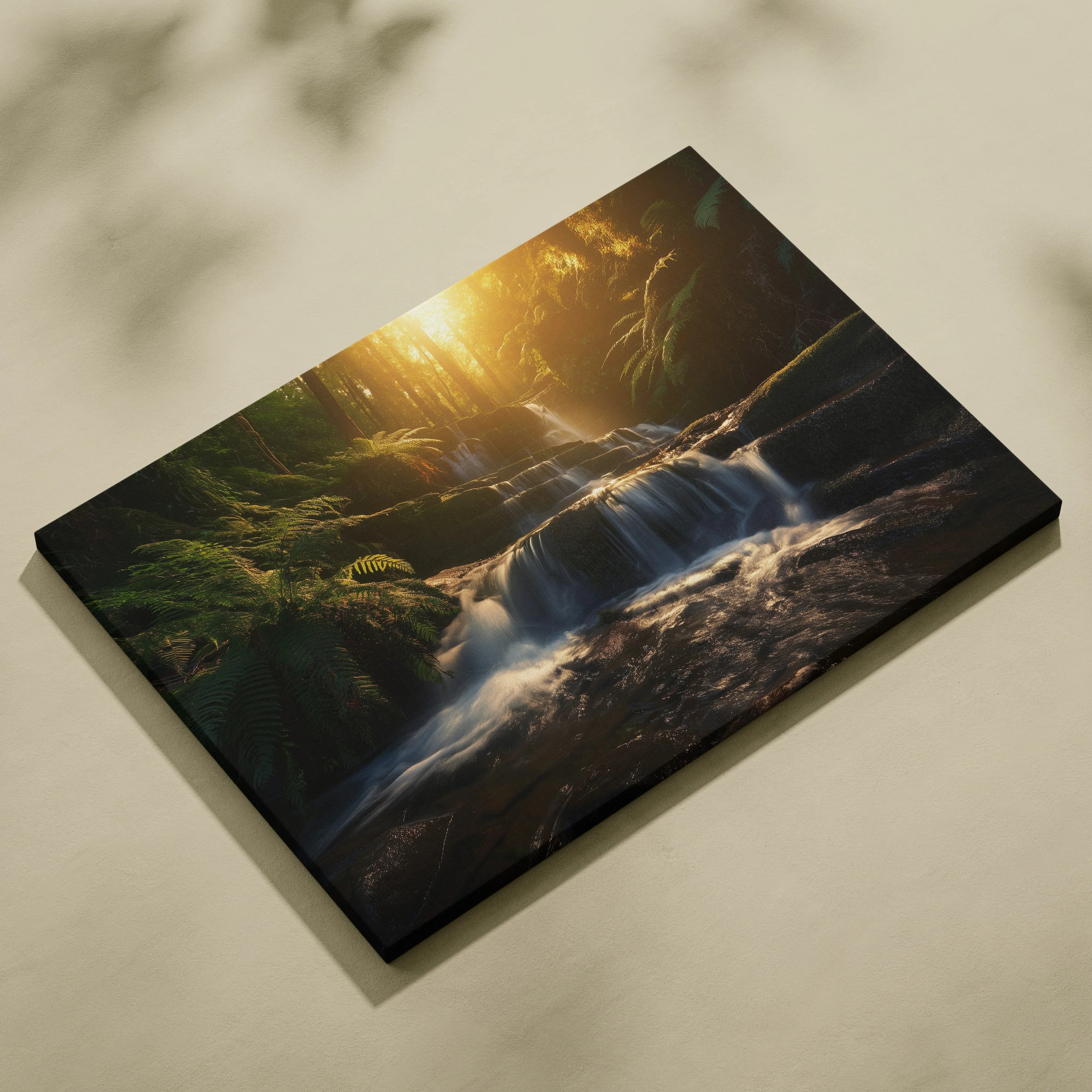Rectangular canvas wall art featuring a high-resolution waterfall scene in a sunlit forest with lush greenery and flowing.