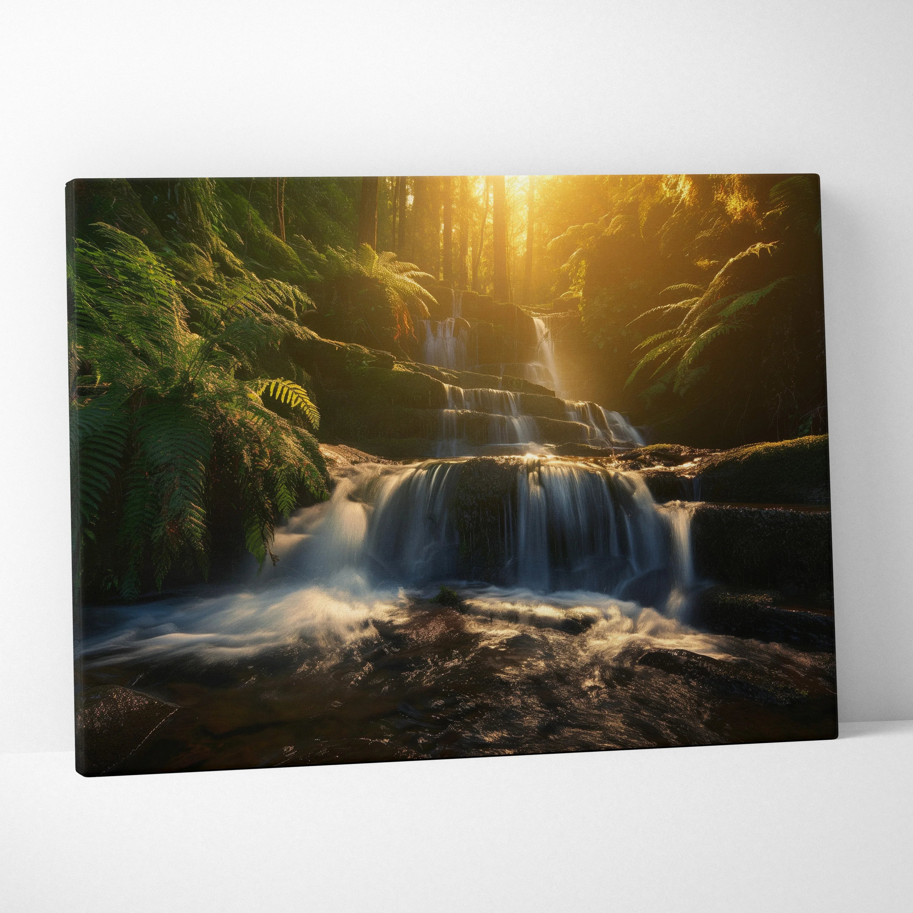 Canvas wall art featuring a serene forest waterfall bathed in warm, golden sunlight and lush green foliage.