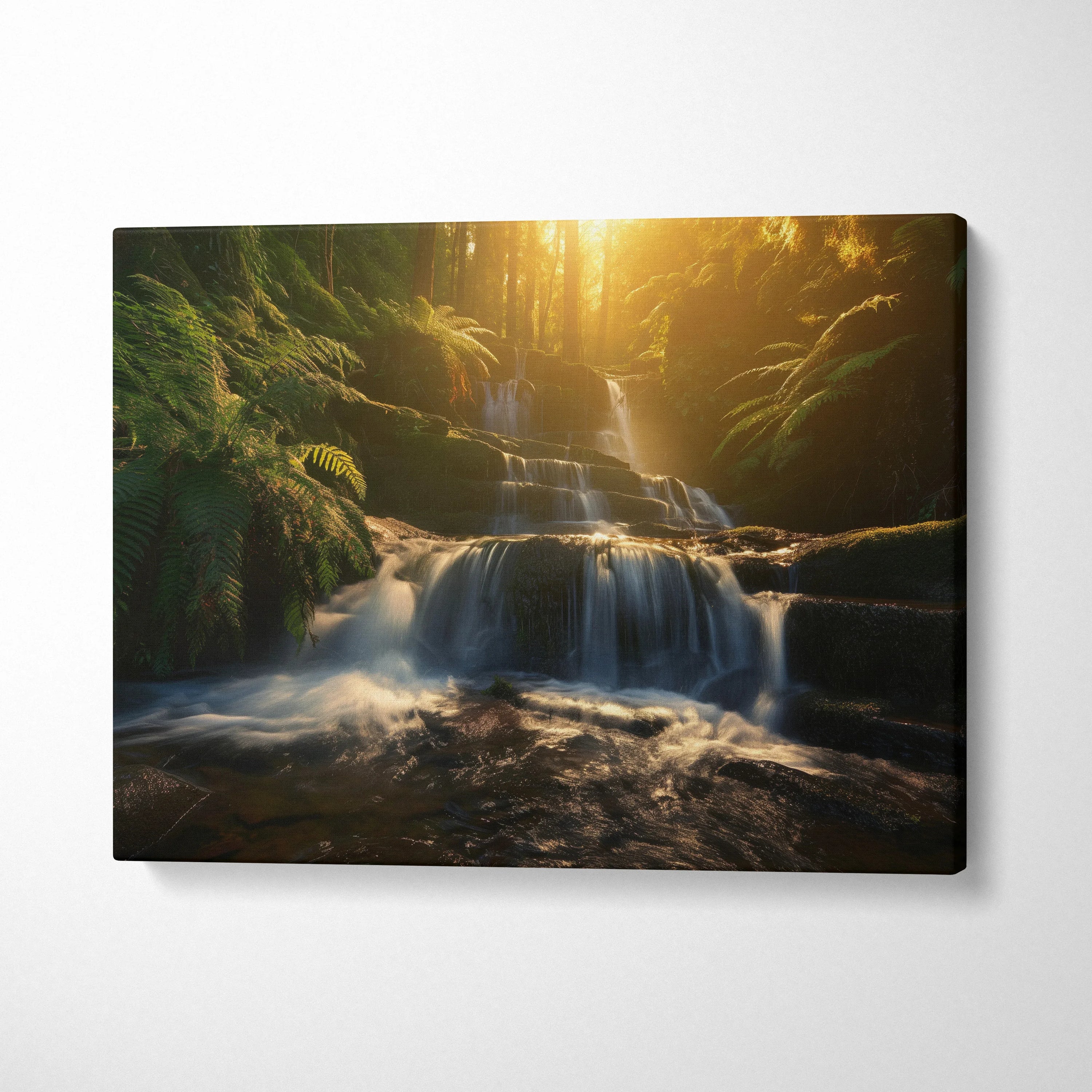 High resolution waterfall canvas wall art with soft sunlight and lush green forest decor.