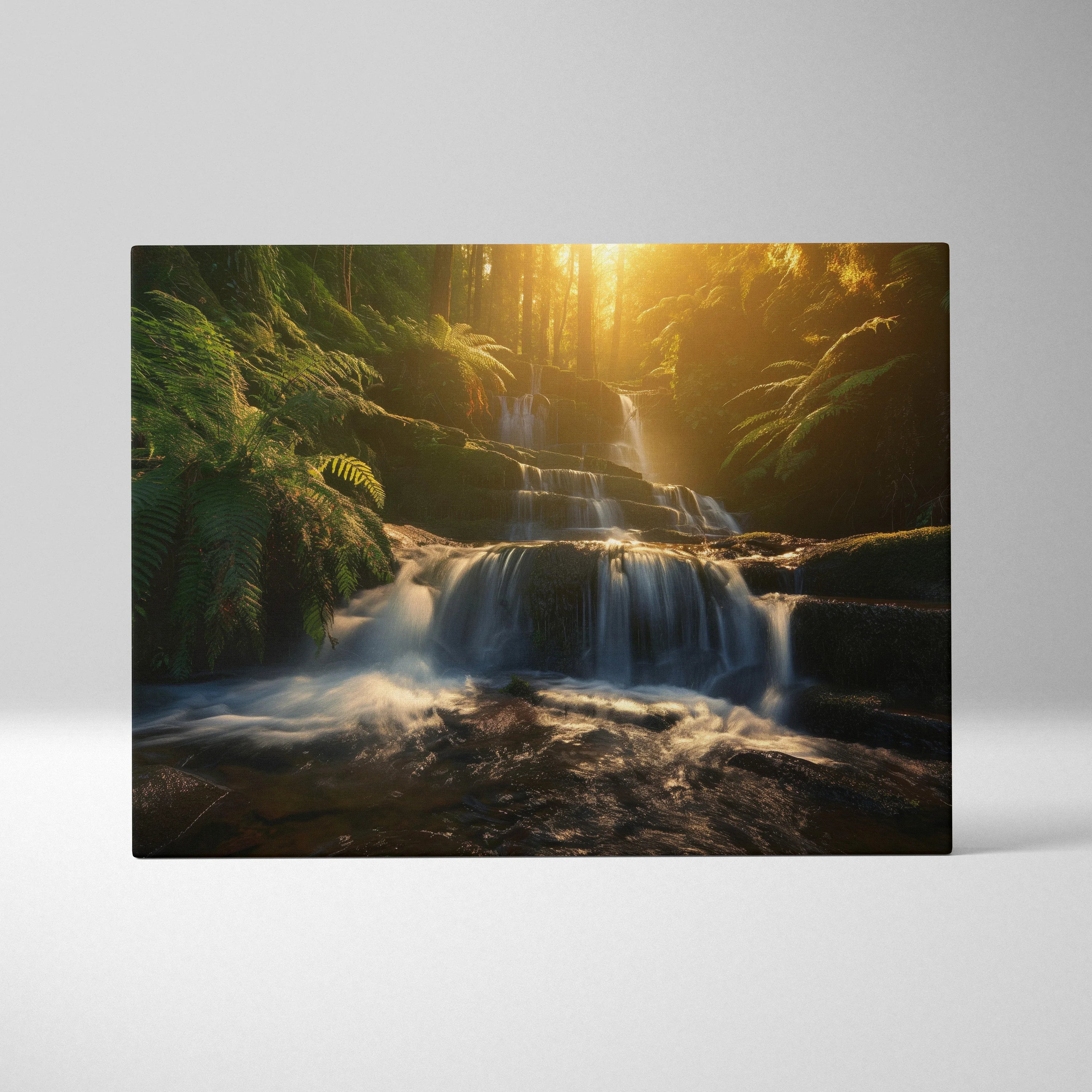 Canvas wall art featuring a serene forest waterfall with golden sunlight filtering through lush green ferns and mossy rocks.