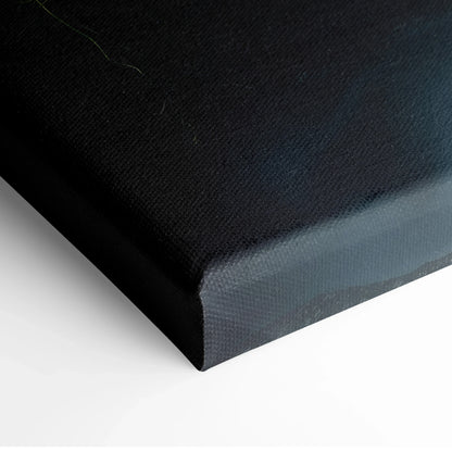 Close-up of black-wrapped canvas corner with subtle texture for wall art decor.