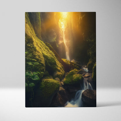 Canvas wall art featuring a glowing sunset waterfall cascading through a green moss-covered forest gorge.