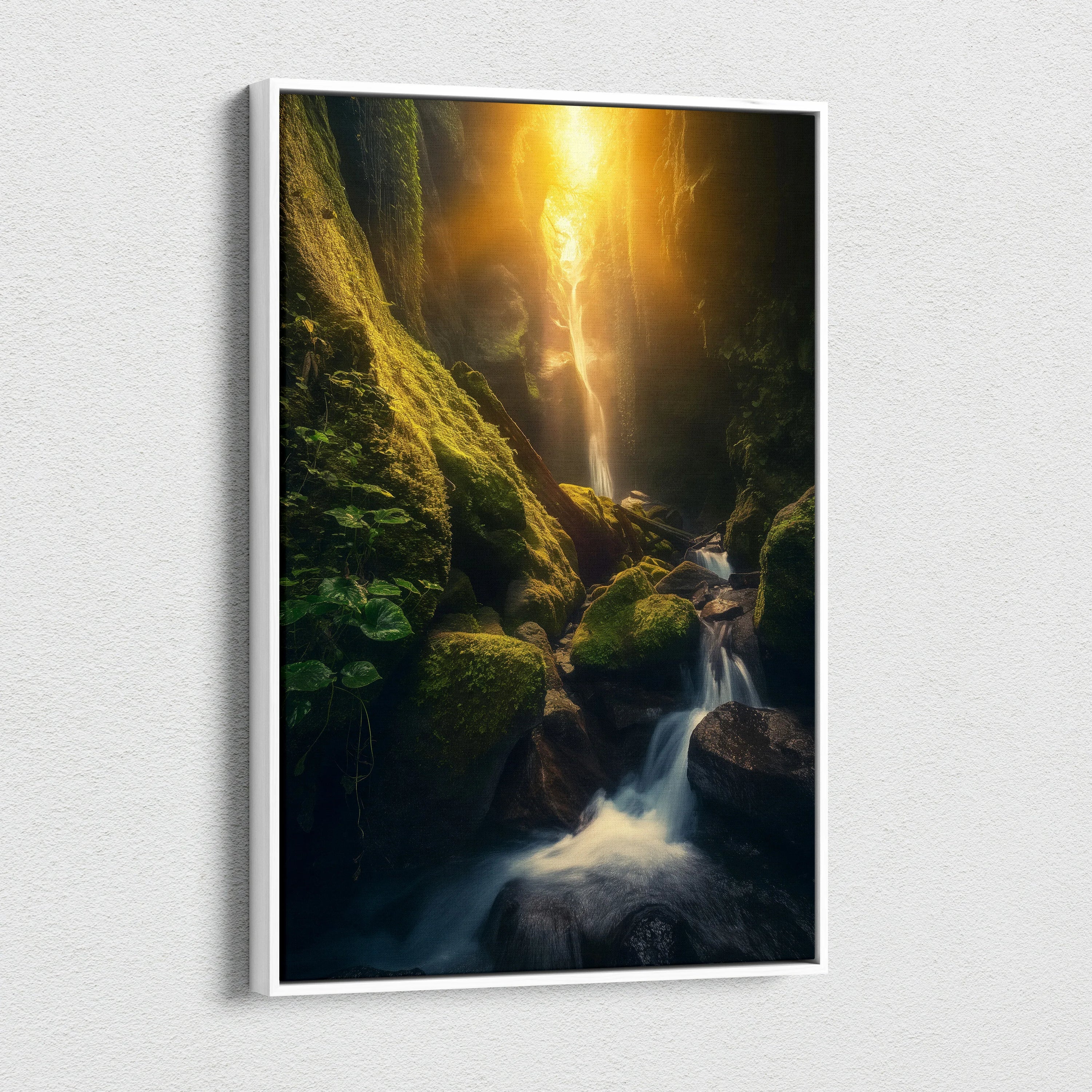 Canvas wall art featuring a glowing orange sunset over a mossy green forest waterfall with flowing water.